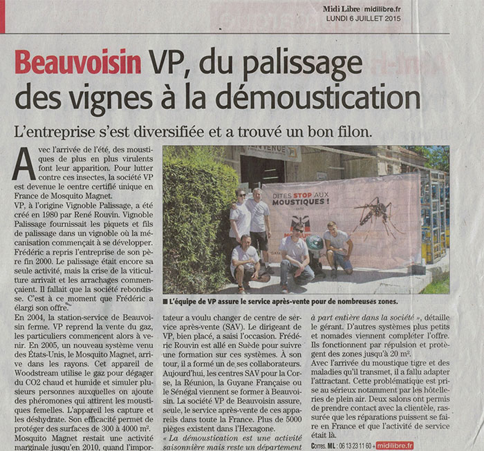 Article Midi Libre Beauvoisin, VP, du palissage des vignes à la démoustication
